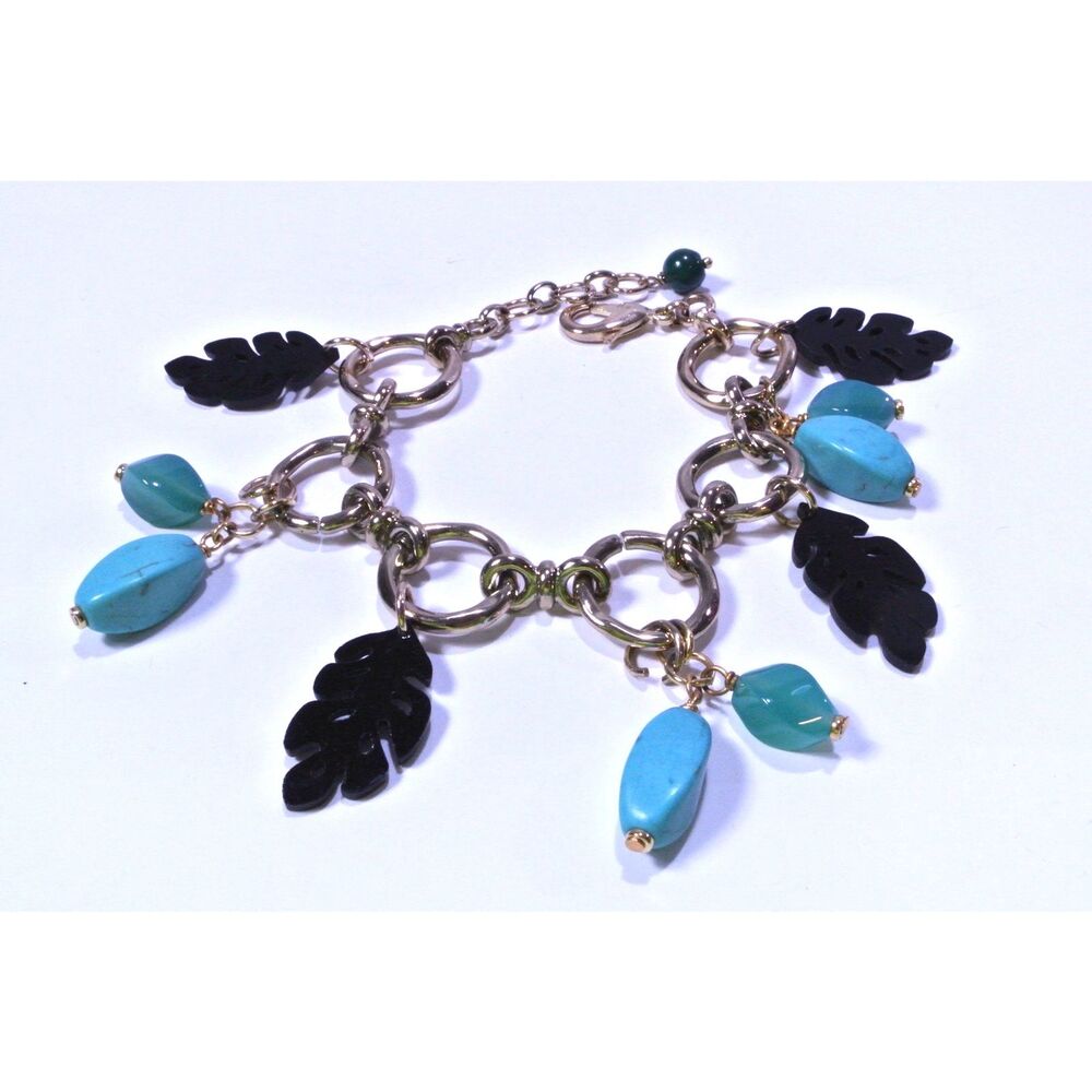 Lee Angel Women's Resin Leaf Turq Stone Charm Bracelet NWT 98